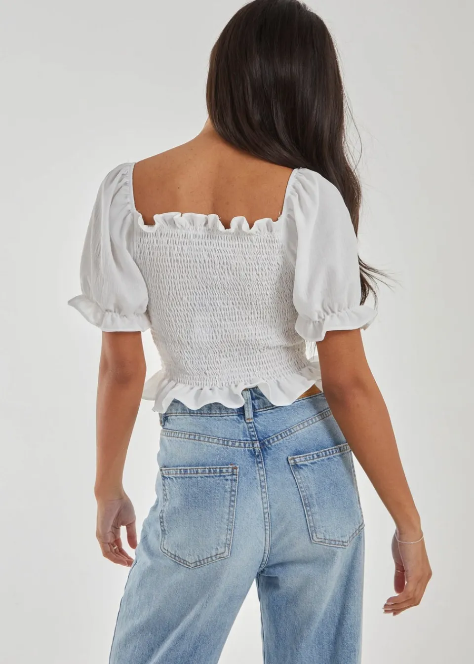 Tops>Pink Vanilla Ivory Puff Sleeve Square Neck Shirred Top