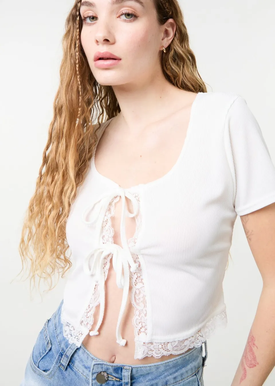 T-Shirts>Pink Vanilla Ivory Ribbed Lace Tie Front Top