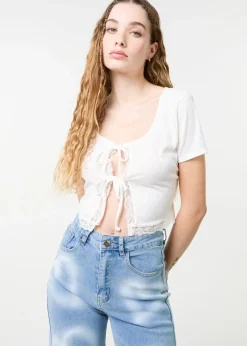 T-Shirts>Pink Vanilla Ivory Ribbed Lace Tie Front Top
