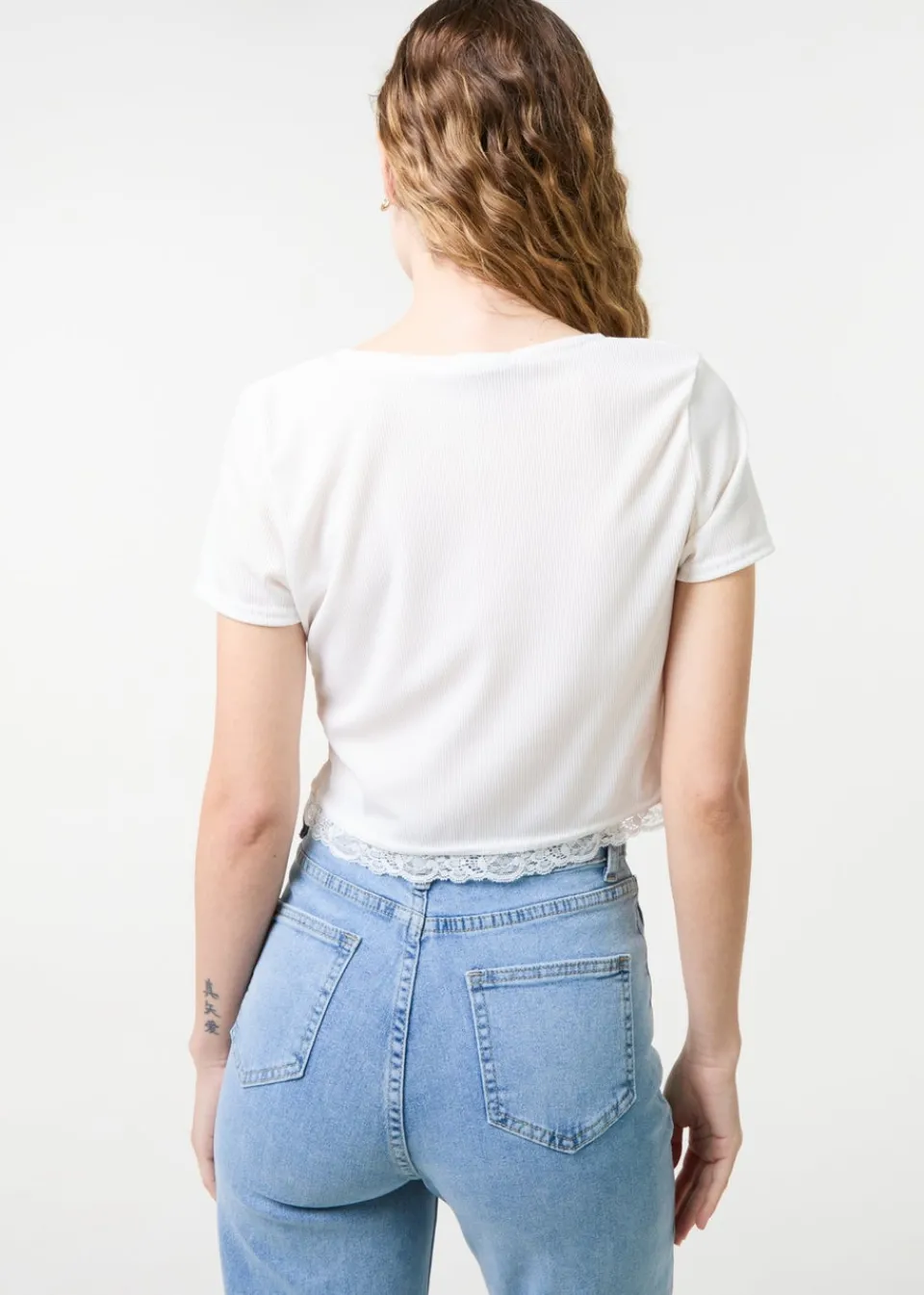 T-Shirts>Pink Vanilla Ivory Ribbed Lace Tie Front Top
