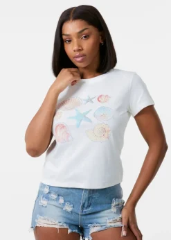 T-Shirts>Pink Vanilla Ivory Shell Embellished T-Shirt