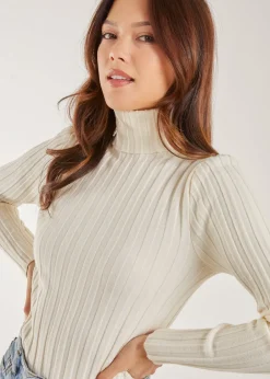 Tops>Pink Vanilla Soft Knit Wide Rib Roll Neck Top Ivory