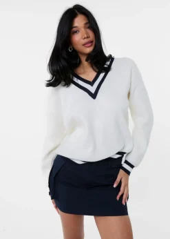 Knitwear>Pink Vanilla Ivory Varsity V Neck Sweater