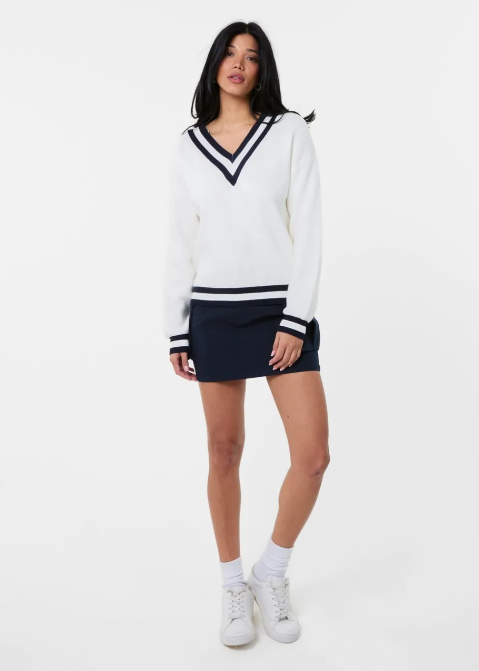 Knitwear>Pink Vanilla Ivory Varsity V Neck Sweater