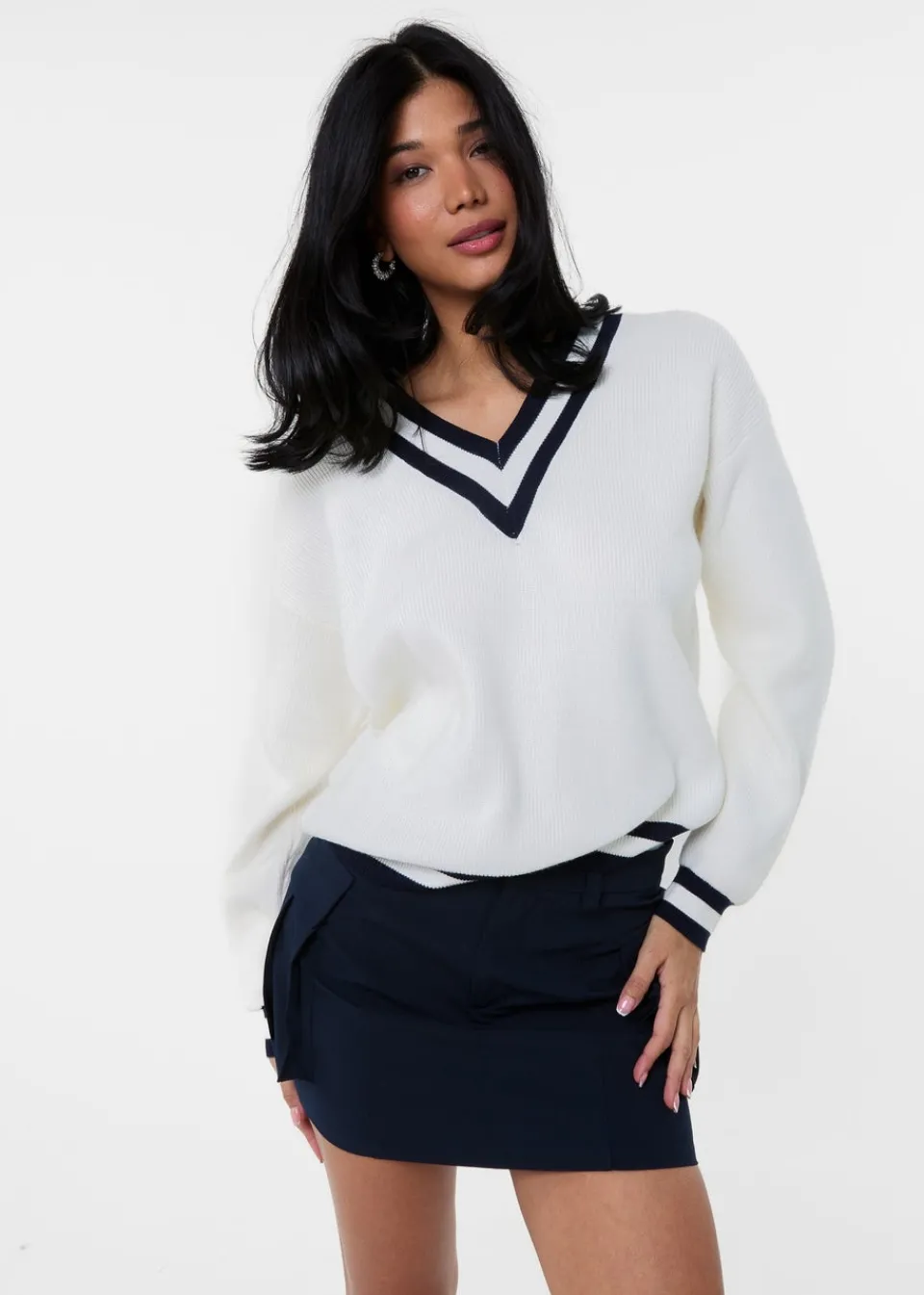 Knitwear>Pink Vanilla Ivory Varsity V Neck Sweater