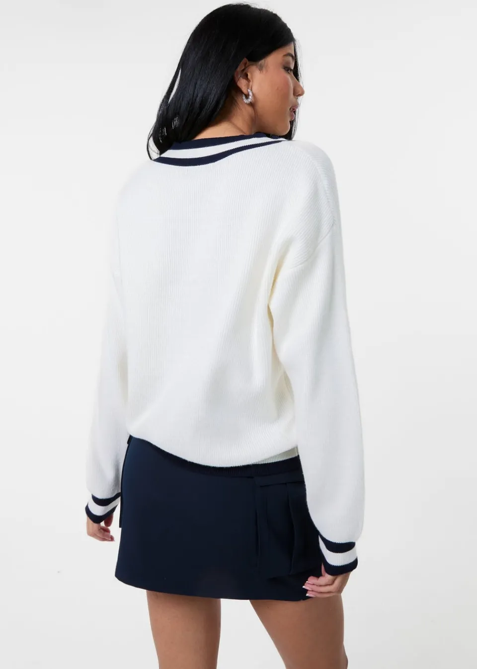 Knitwear>Pink Vanilla Ivory Varsity V Neck Sweater