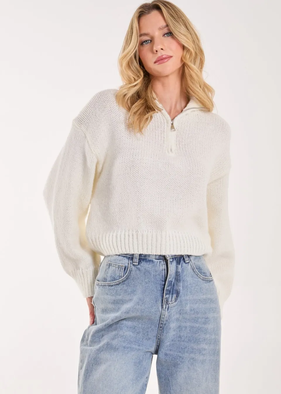 Knitwear>Pink Vanilla Ivory Zip Up Collar Knit Cropped Jumper