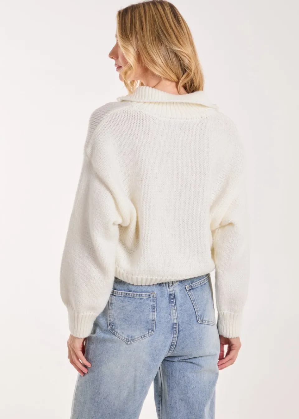 Knitwear>Pink Vanilla Ivory Zip Up Collar Knit Cropped Jumper