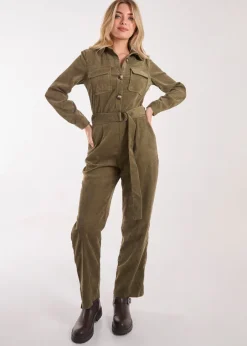 Jumpsuits & Playsuits>Pink Vanilla Khaki Corduroy Collar Long Sleeve Button Boilersuit