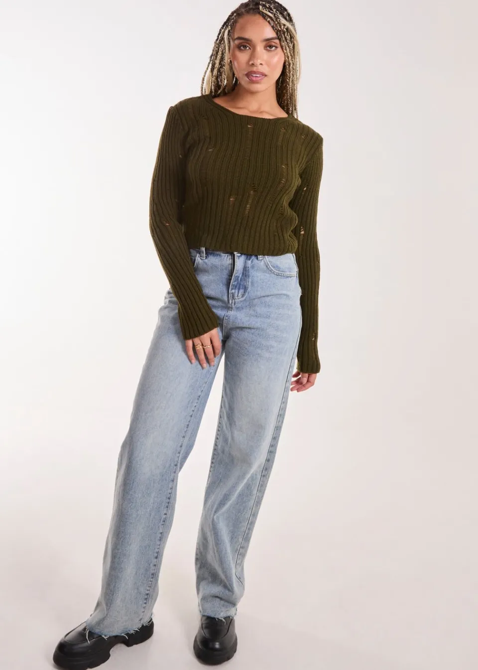 Tops>Pink Vanilla Khaki Distressed Long Sleeve Knitted Jumper
