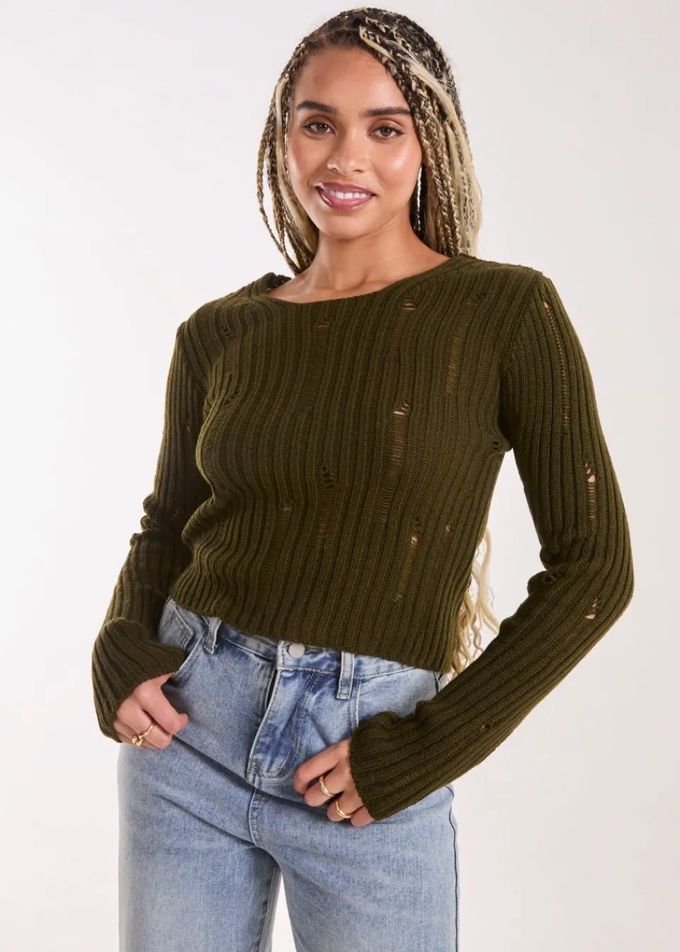 Tops>Pink Vanilla Khaki Distressed Long Sleeve Knitted Jumper