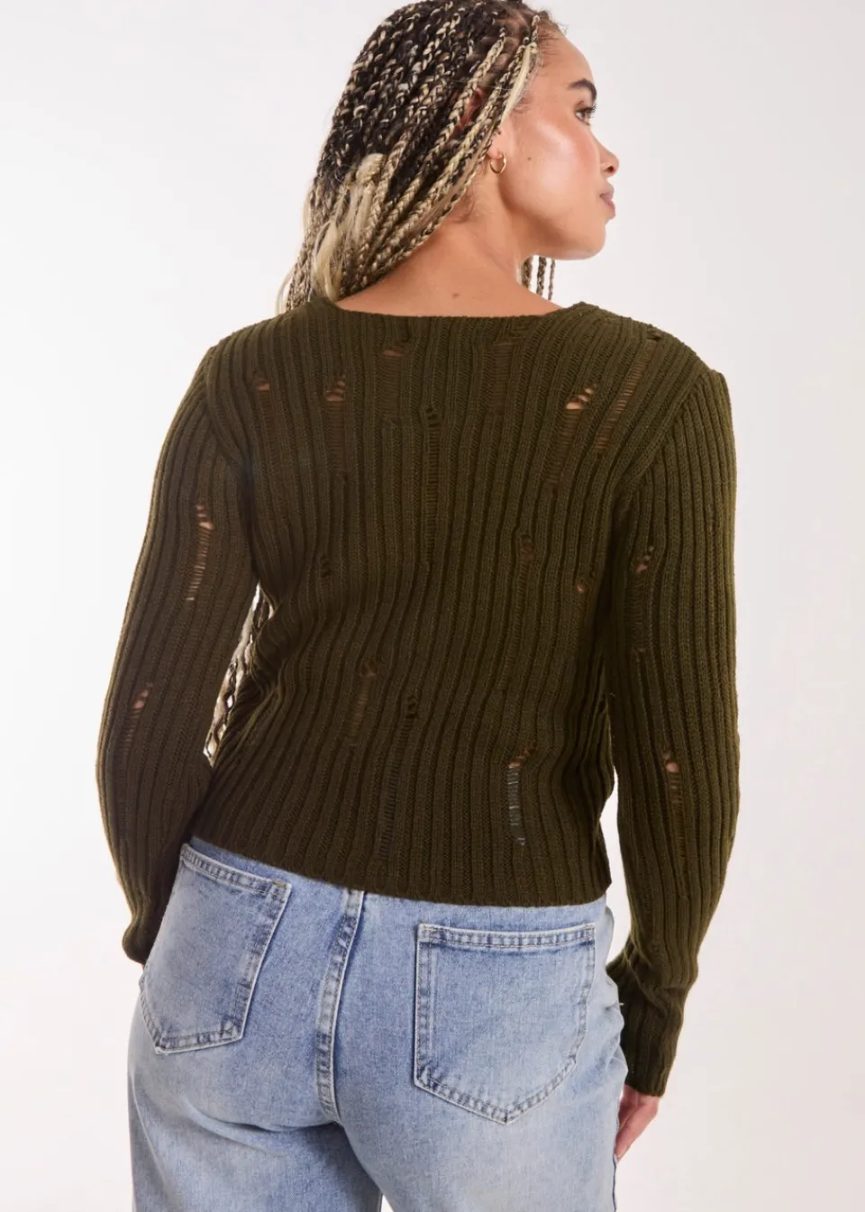 Tops>Pink Vanilla Khaki Distressed Long Sleeve Knitted Jumper