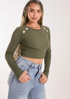 Knitwear>Pink Vanilla Khaki Heart Embellishment Rib Knit Top