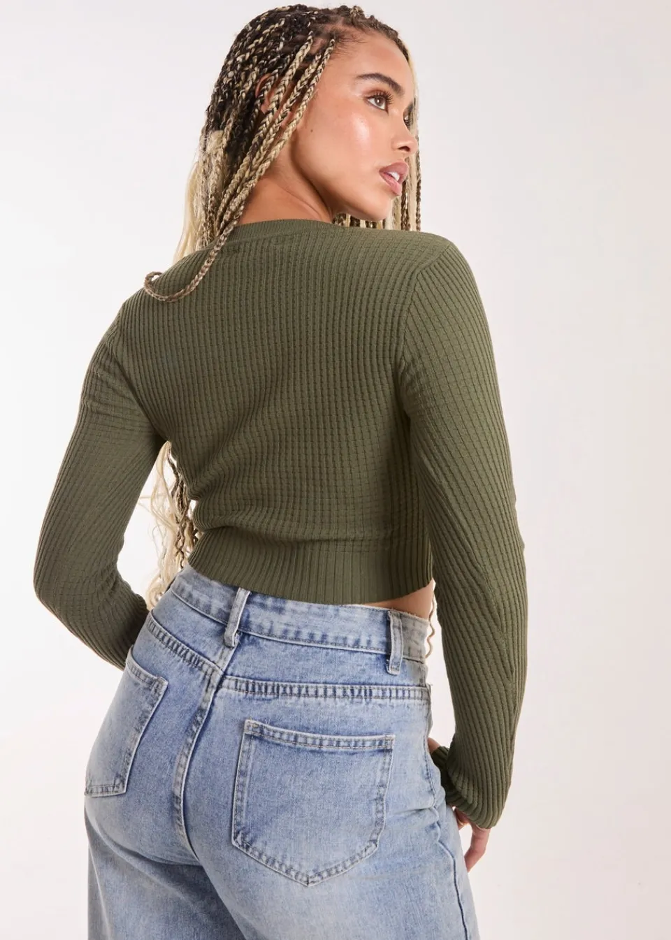 Knitwear>Pink Vanilla Khaki Heart Embellishment Rib Knit Top