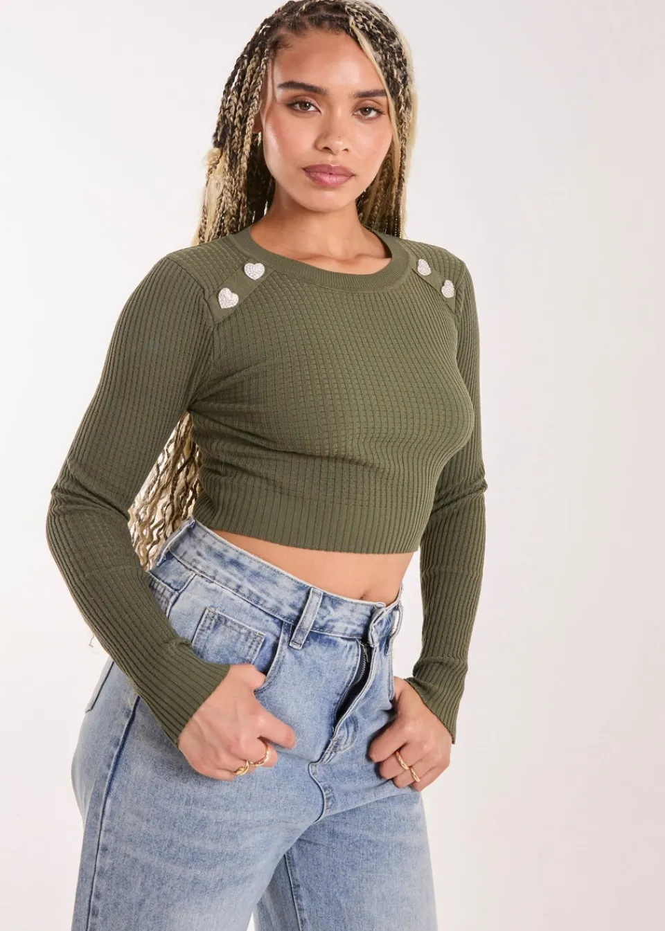 Knitwear>Pink Vanilla Khaki Heart Embellishment Rib Knit Top