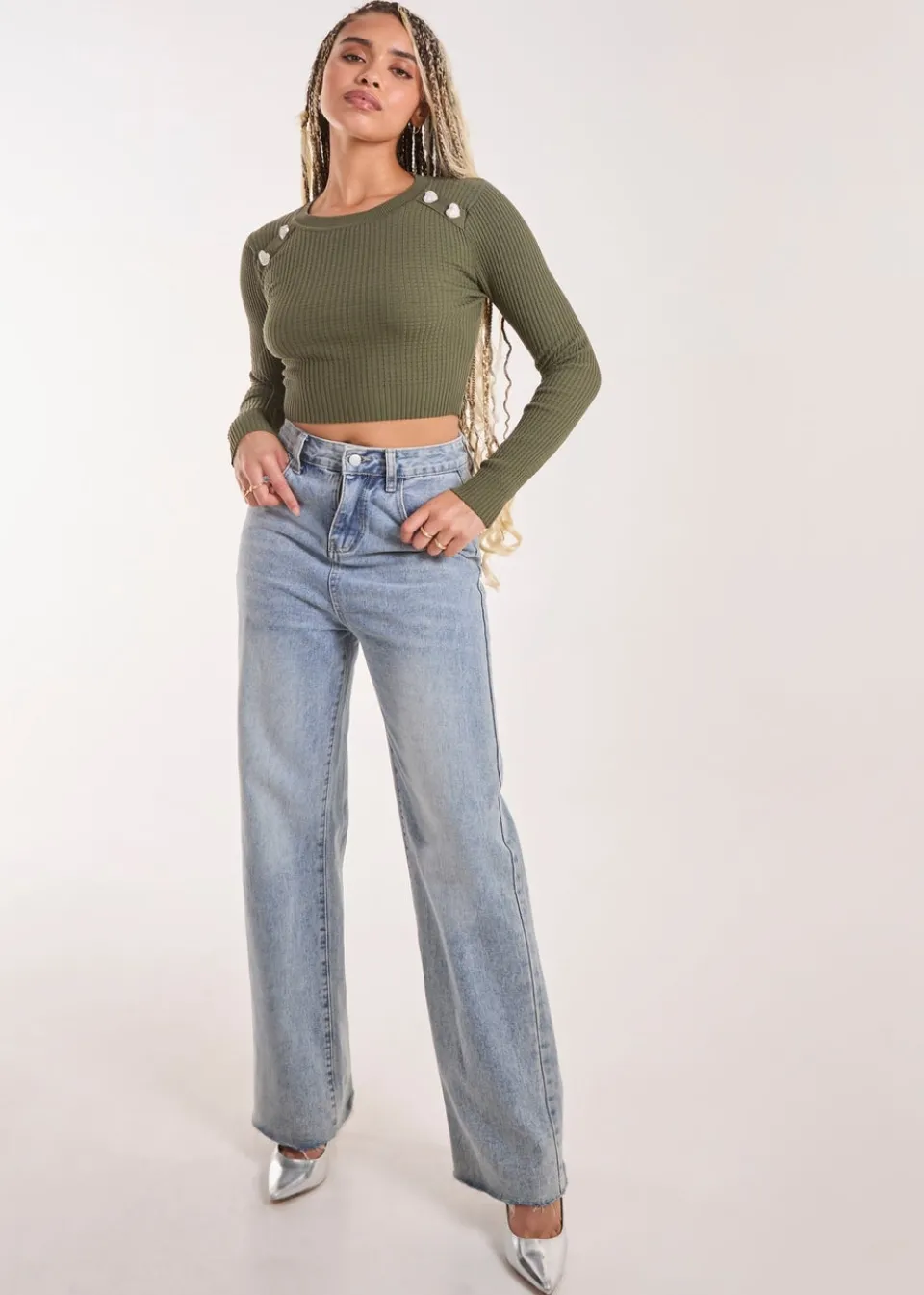 Knitwear>Pink Vanilla Khaki Heart Embellishment Rib Knit Top