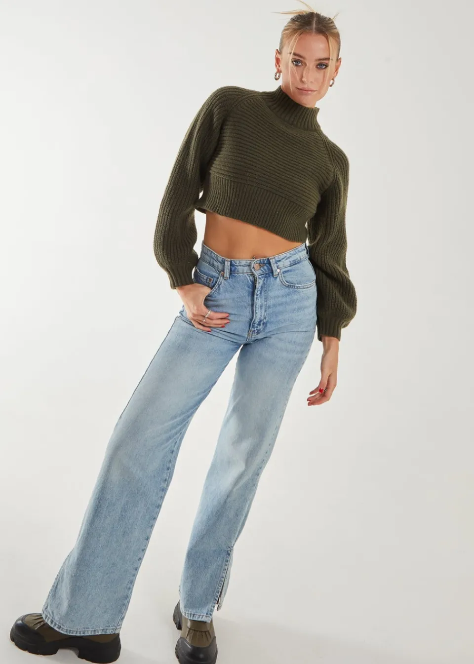 Tops>Pink Vanilla Khaki High Neck Knitted Jumper