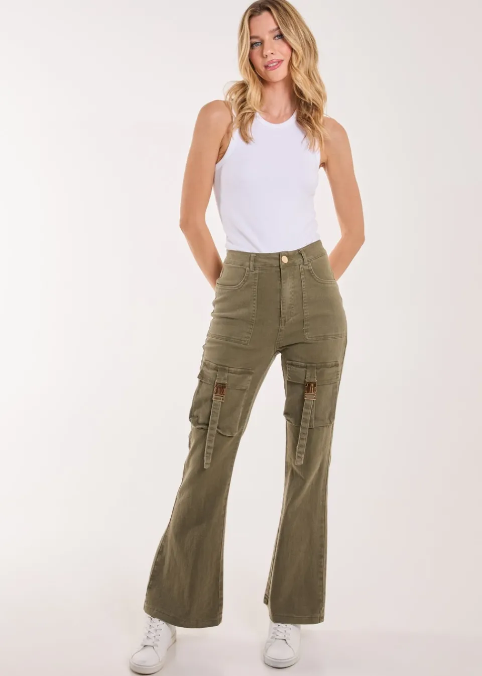 Jeans & Jeggings>Pink Vanilla Khaki High Waist Utility Pocket Flare Jeans
