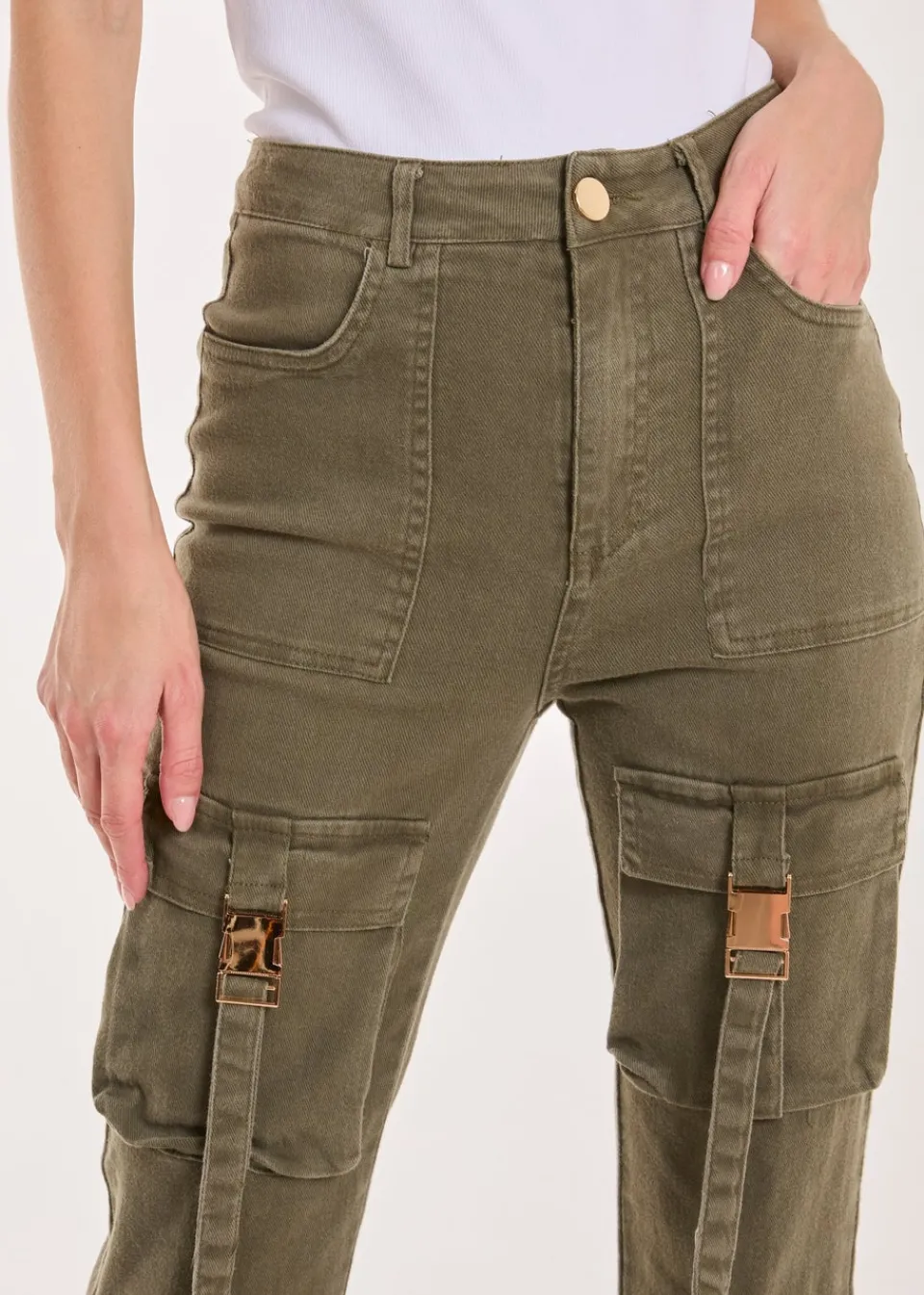 Jeans & Jeggings>Pink Vanilla Khaki High Waist Utility Pocket Flare Jeans