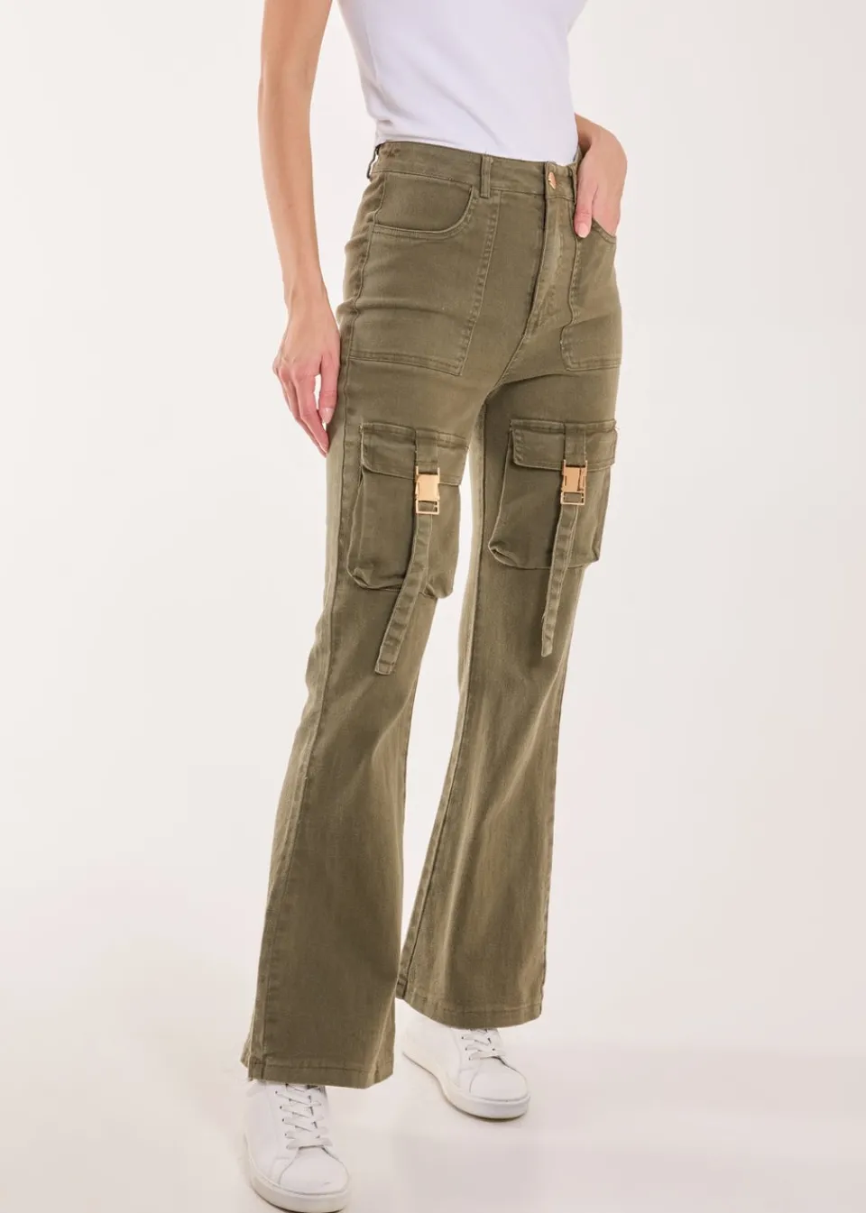 Jeans & Jeggings>Pink Vanilla Khaki High Waist Utility Pocket Flare Jeans