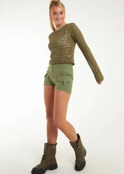 Tops>Pink Vanilla Khaki Long Sleeve Crochet Top