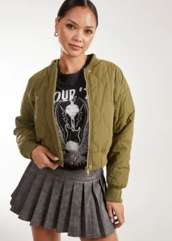 Coats & Jackets>Pink Vanilla Khaki Textured Puffer Bomber Jacket