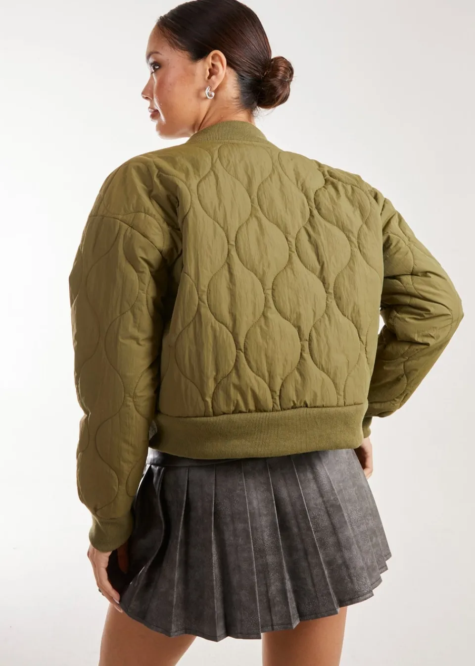 Coats & Jackets>Pink Vanilla Khaki Textured Puffer Bomber Jacket