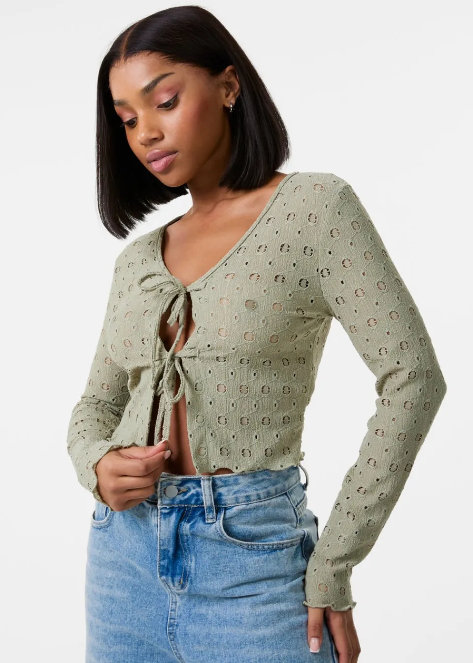 Tops>Pink Vanilla Khaki Tie Front Cutwork Cardigan