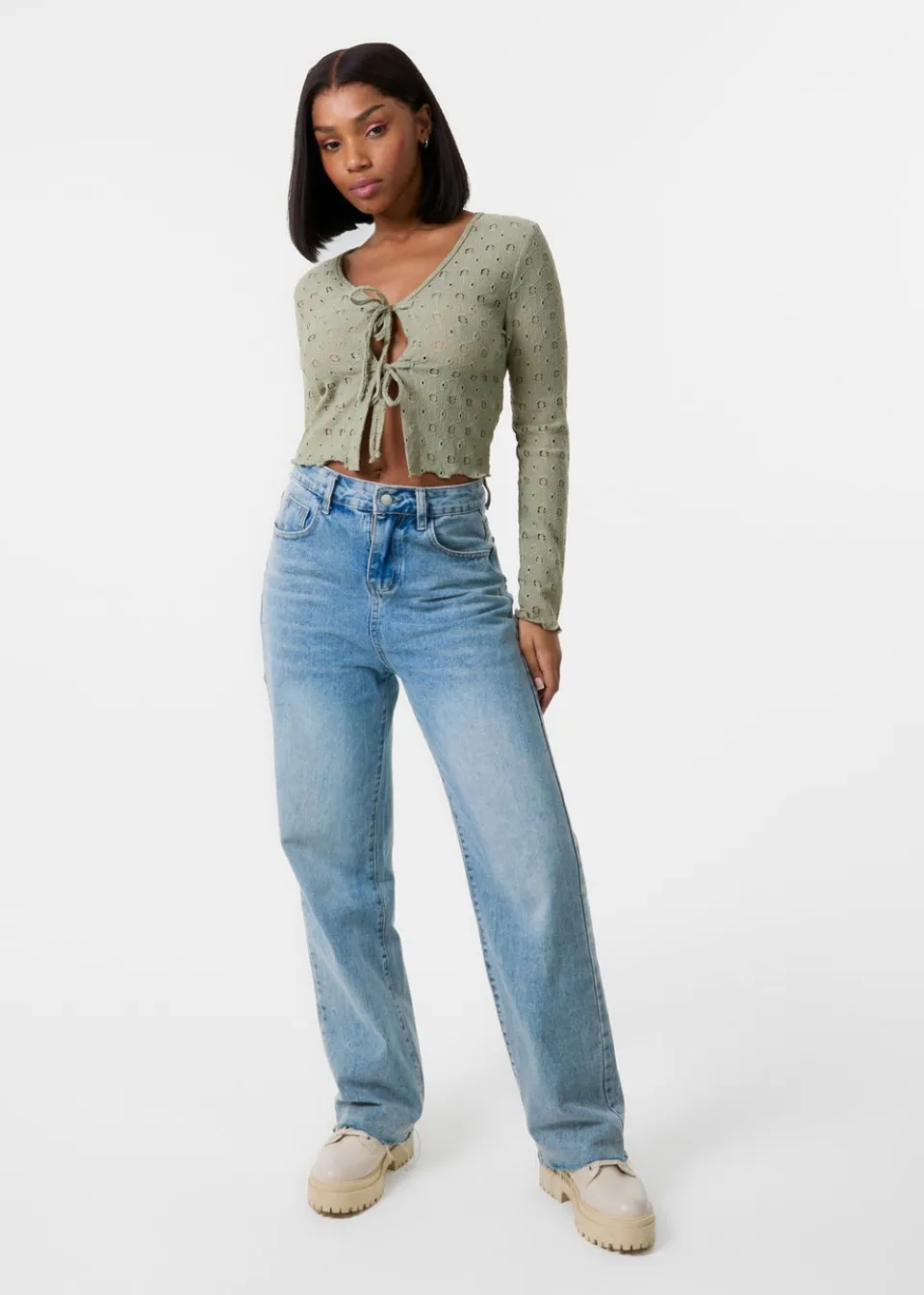 Tops>Pink Vanilla Khaki Tie Front Cutwork Cardigan