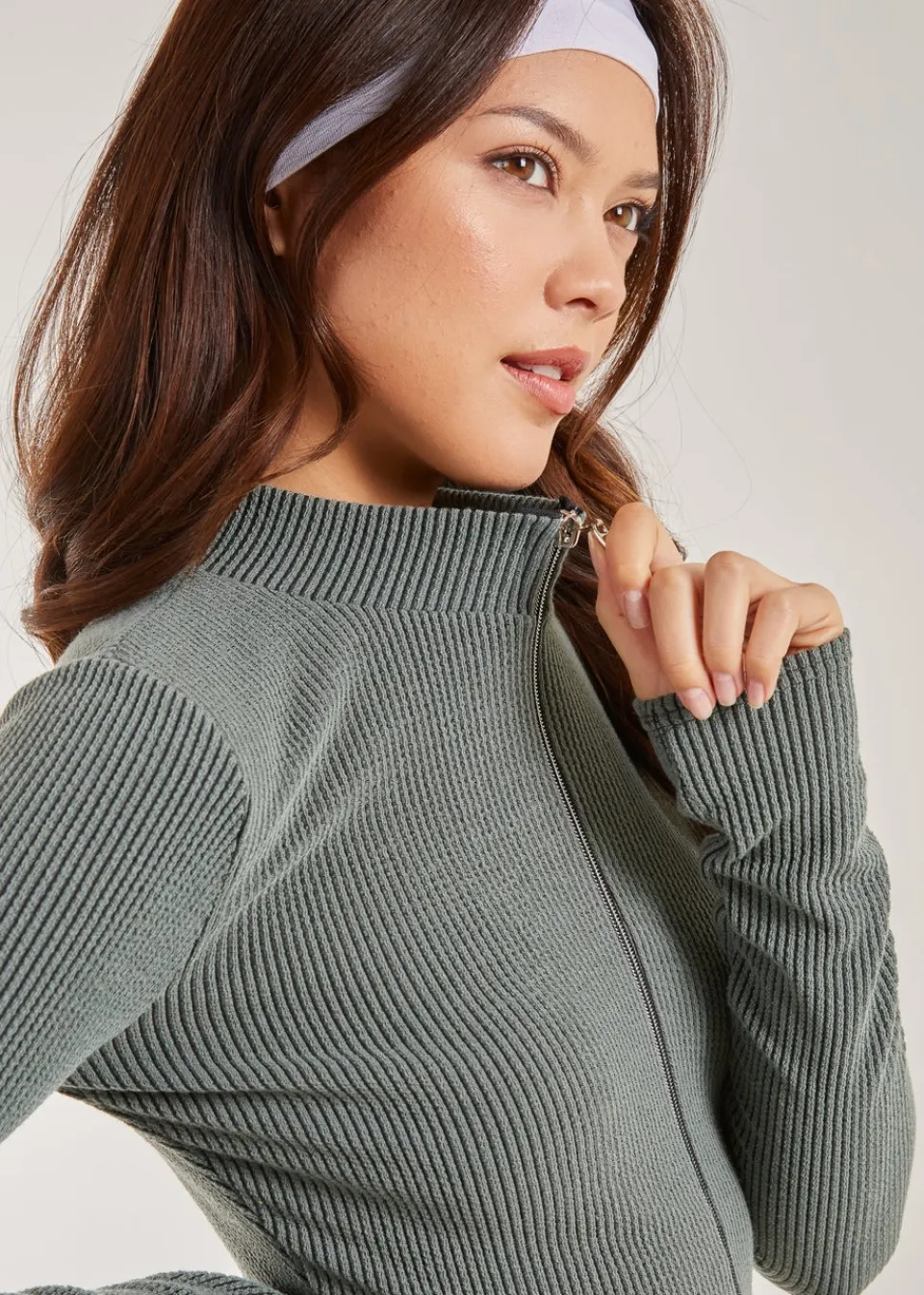Tops>Pink Vanilla Two Tone Rib Double Zip Top Khaki