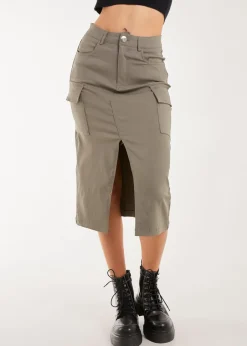 Skirts>Pink Vanilla Utility Cargo Midi Slit Skirt Khaki