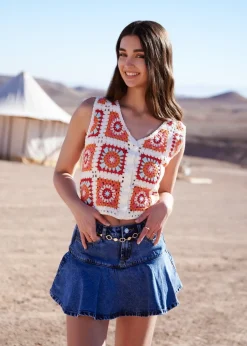 Tops>Pink Vanilla Multi Patchwork Crochet Waistcoat