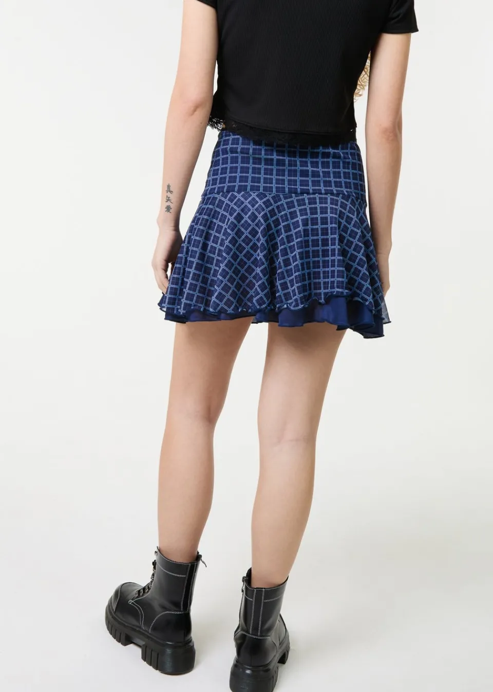 Skirts>Pink Vanilla Navy Check Ruffle Mini Skirt