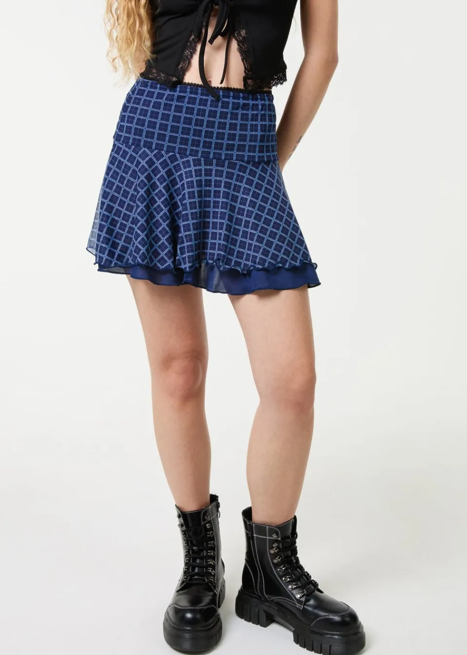 Skirts>Pink Vanilla Navy Check Ruffle Mini Skirt