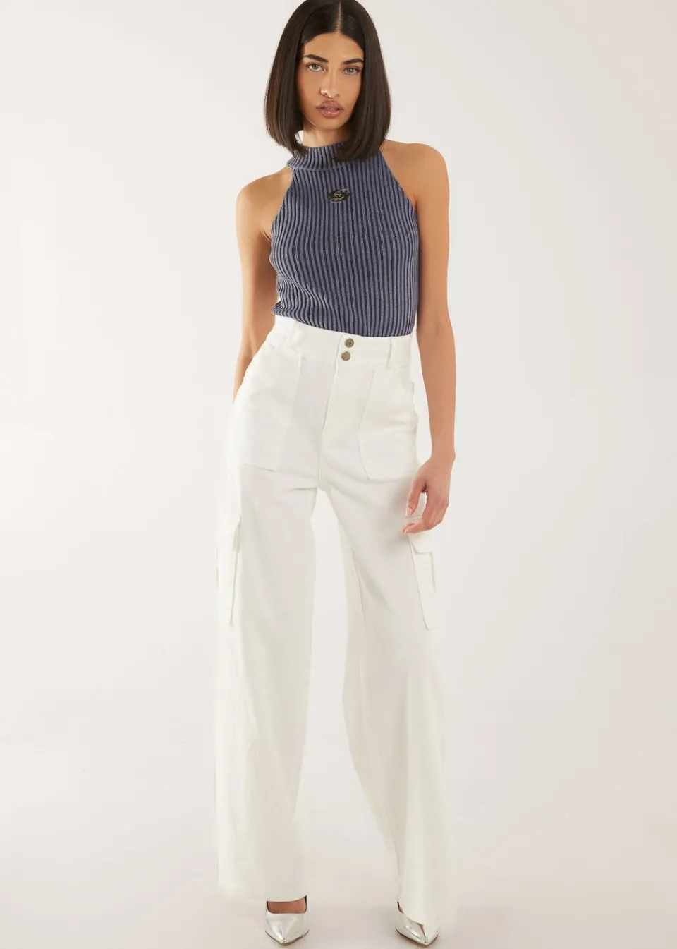 Tops>Pink Vanilla High Neck Logo Detail Racer Top Navy