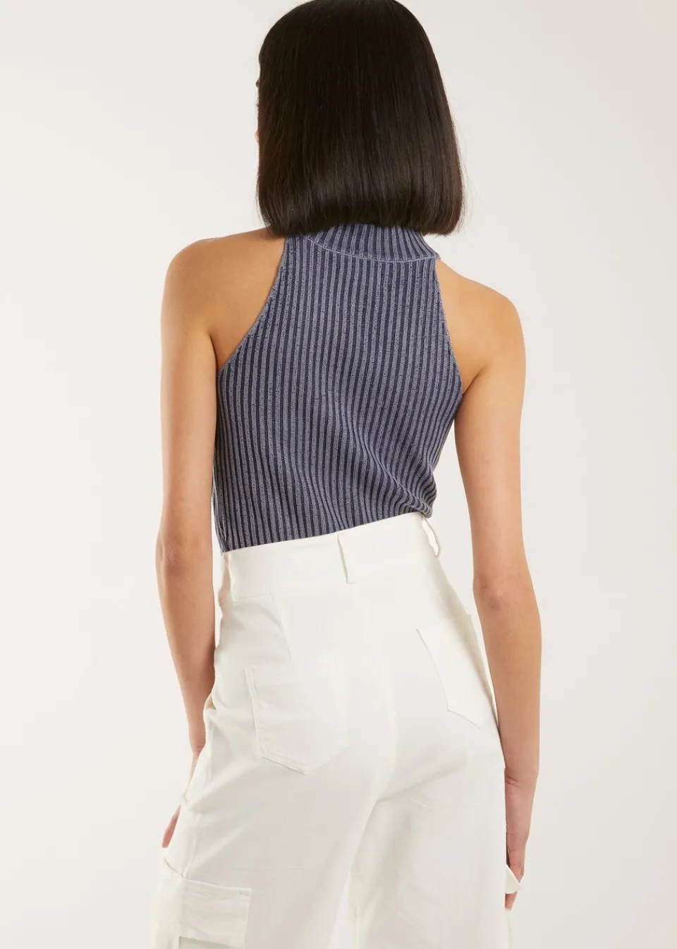 Tops>Pink Vanilla High Neck Logo Detail Racer Top Navy