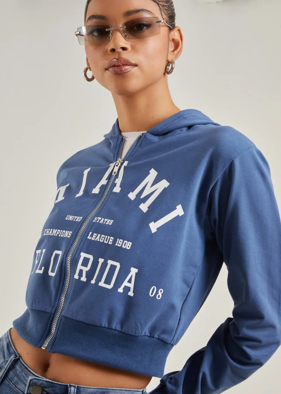 Hoodies & Sweatshirts>Pink Vanilla Navy Miami Slogan Zip Up Hoodie