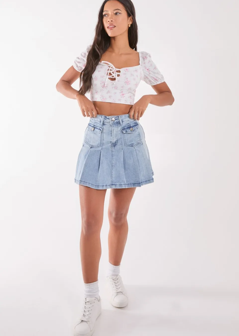 Tops>Pink Vanilla Pink Floral Puff Sleeve Crop Top