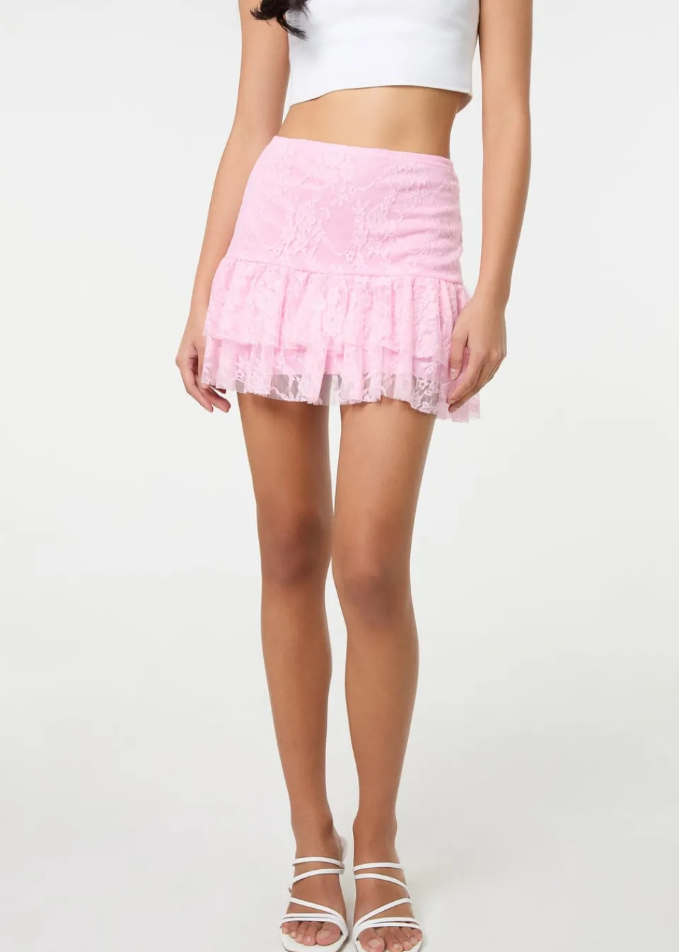 Skirts>Pink Vanilla Pink Lace Ruffle Mini Skirt