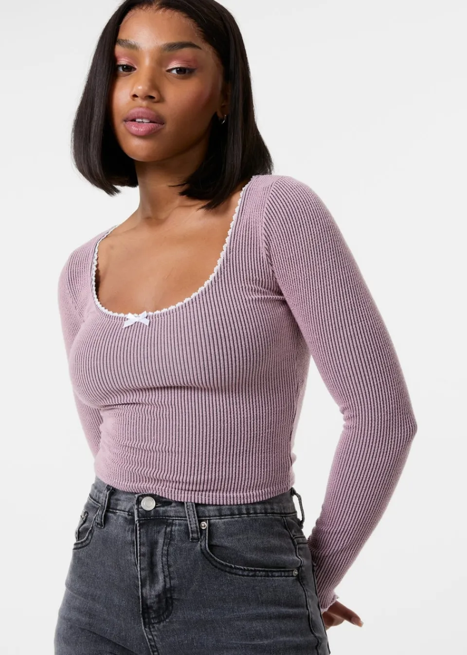 Tops>Pink Vanilla Pink Long Sleeve Rib Top with Bow