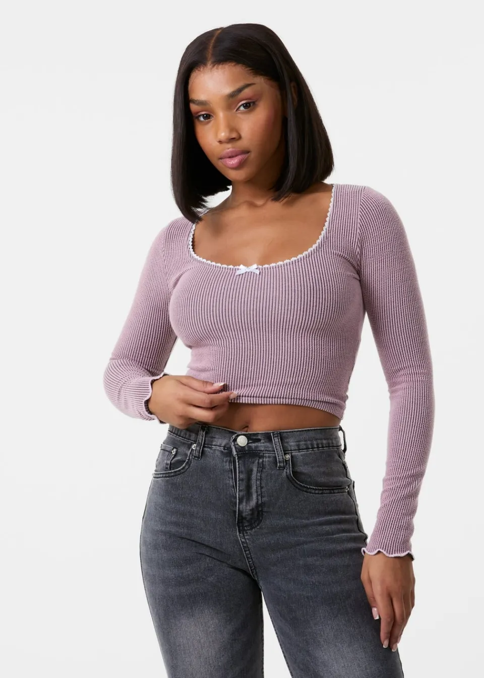 Tops>Pink Vanilla Pink Long Sleeve Rib Top with Bow