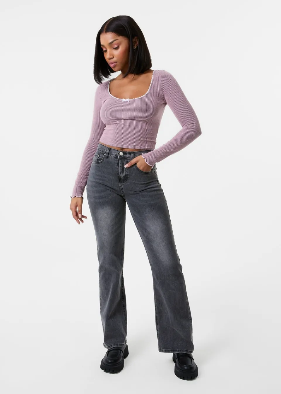 Tops>Pink Vanilla Pink Long Sleeve Rib Top with Bow