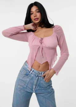 Tops>Pink Vanilla Pink Long Sleeve Mesh Butterfly Top
