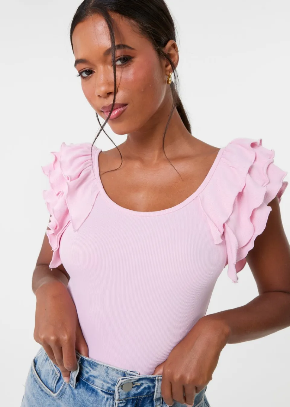 Tops>Pink Vanilla Pink Ruffle Sleeve Bodysuit