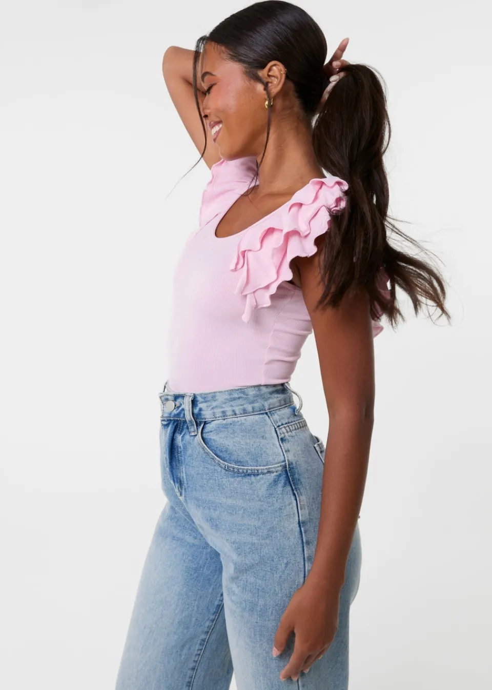 Tops>Pink Vanilla Pink Ruffle Sleeve Bodysuit