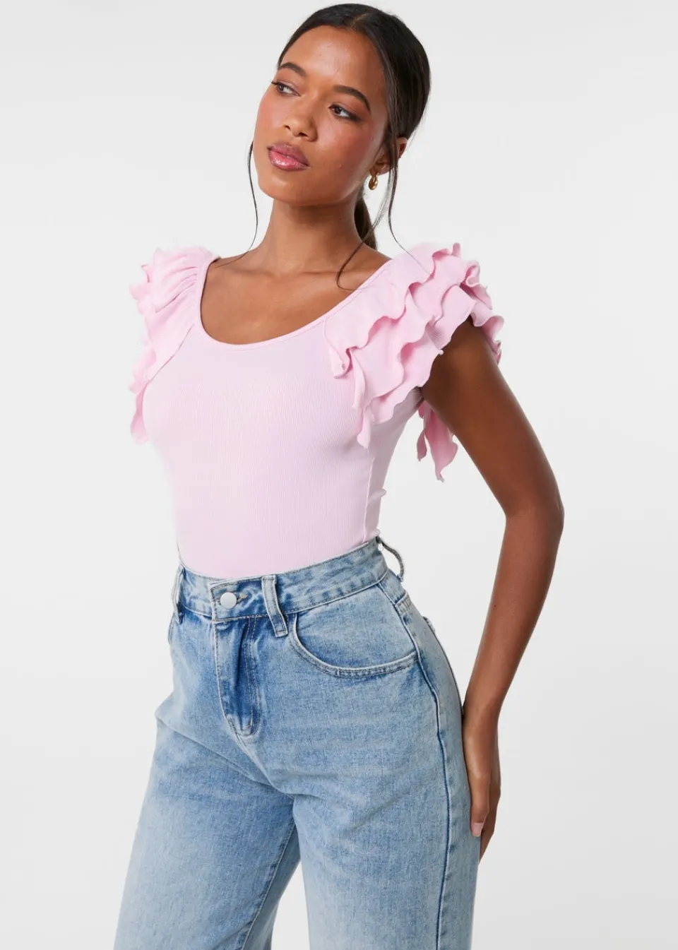 Tops>Pink Vanilla Pink Ruffle Sleeve Bodysuit