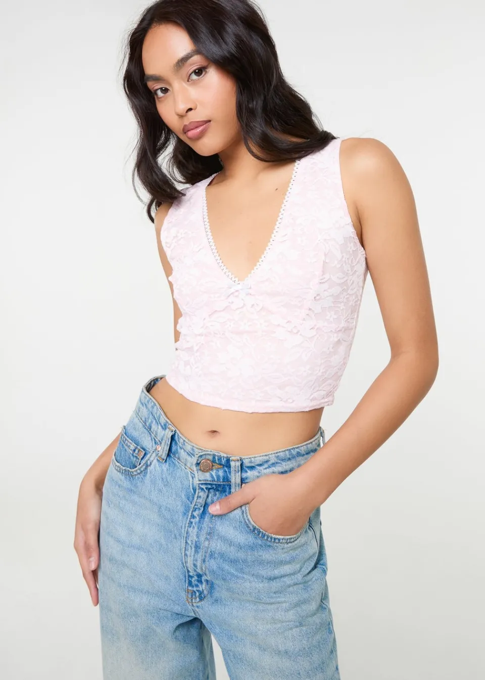 Tops>Pink Vanilla Pink V Neck Lace Crop Top