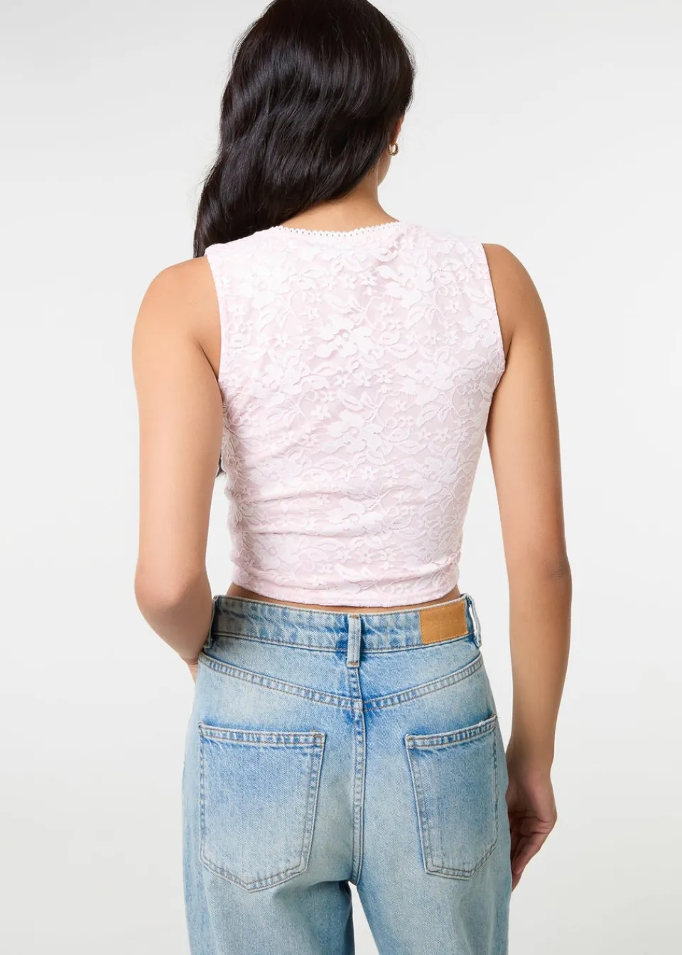 Tops>Pink Vanilla Pink V Neck Lace Crop Top