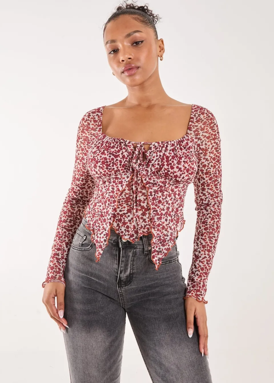 Tops>Pink Vanilla Red Ditsy Floral Print Long Sleeve Butterfly