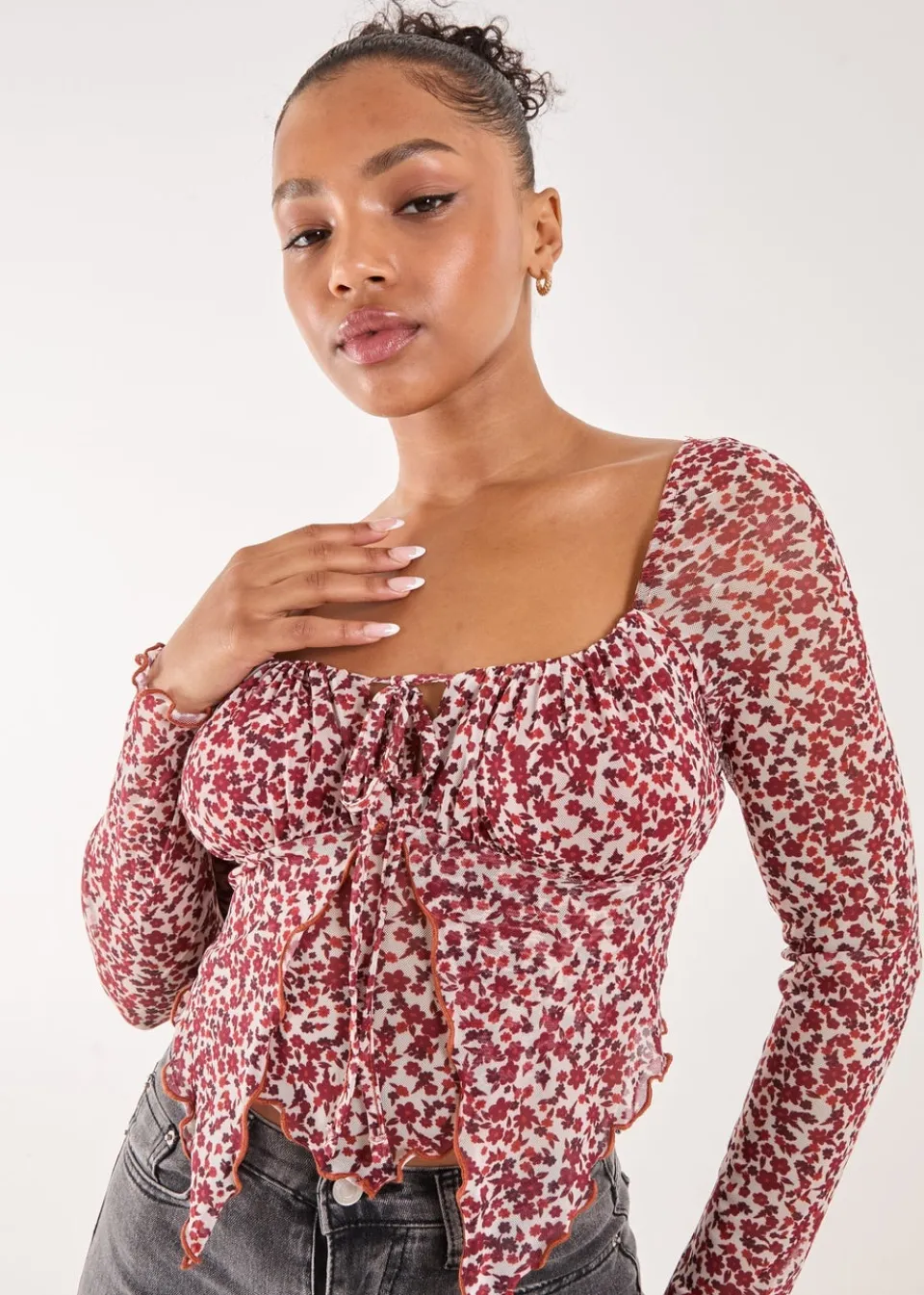 Tops>Pink Vanilla Red Ditsy Floral Print Long Sleeve Butterfly